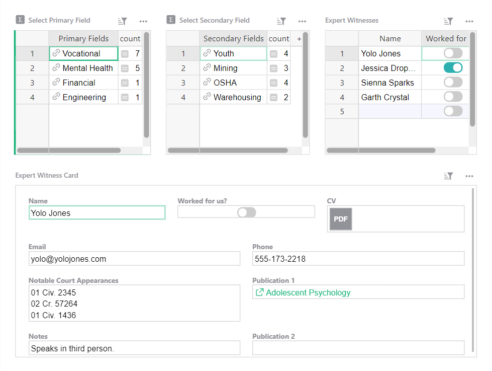 Screenshot of Expert Witness Database